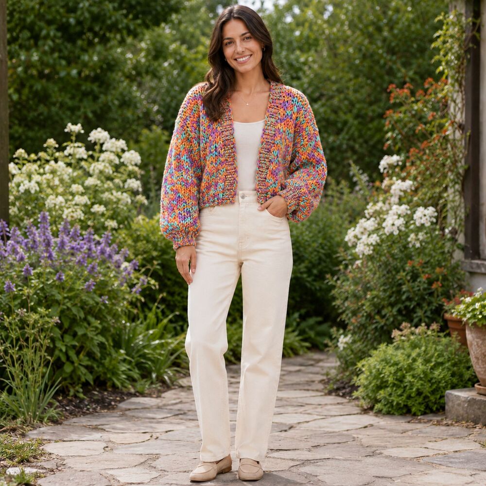 Princess Polly Chunky Hand Knit Cropped Cardigan Multicolor Women’s XS/S Rainbow